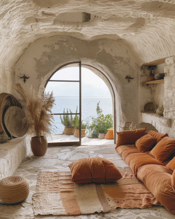 Large Room Mediterranean Organic Forms Sustainable Style Greenery Interior Home Design Earthyの素材