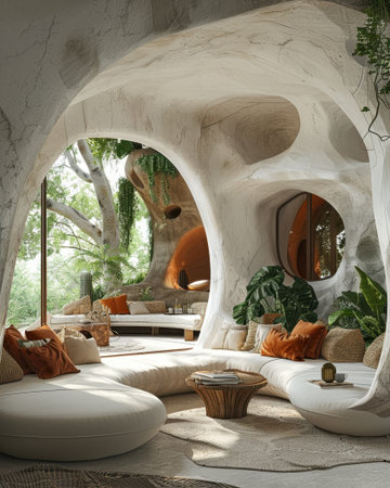 Large Room Mediterranean Organic Forms Sustainable Style Greenery Interior Home Design Earthyの素材