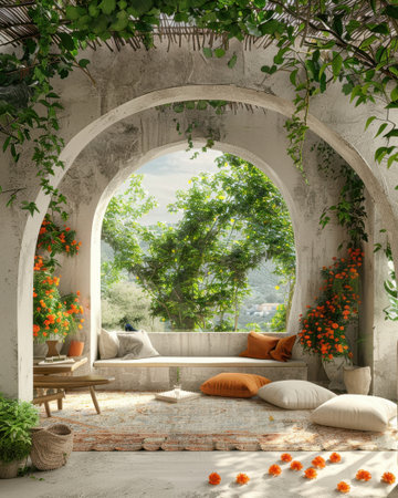 Large Room Mediterranean Organic Forms Sustainable Style Greenery Interior Home Design Earthyの素材
