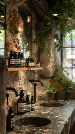 Boutique Stone Wood Olive Trees Greenery Organic Minimalist Shop Interiorの素材