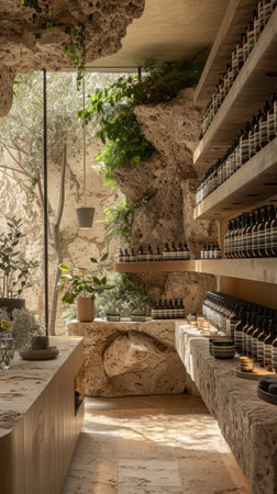 Boutique Stone Wood Olive Trees Greenery Organic Minimalist Shop Interiorの素材