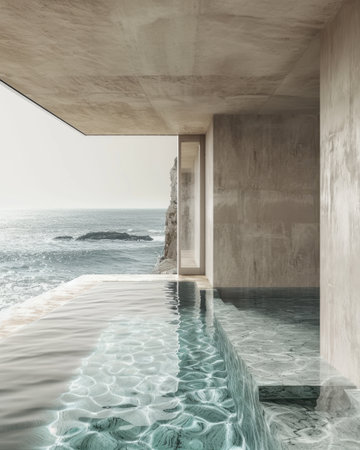 Living Room Pool Ocean View Interior Bright Indoor Outdoor Designの素材