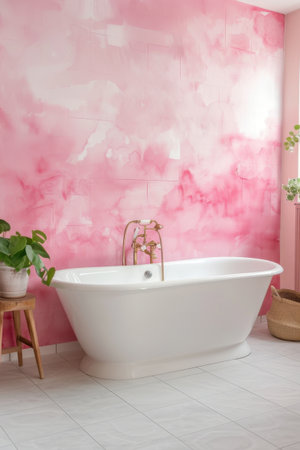 Pink Wall White Tiles Modern Bathtub Brass Details Bathroomの素材