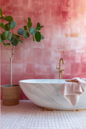 Pink Wall White Tiles Modern Bathtub Brass Details Bathroomの素材