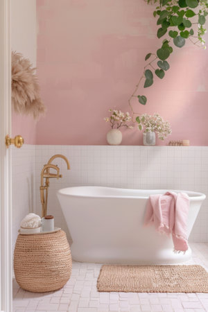 Pink Wall White Tiles Modern Bathtub Brass Details Bathroomの素材