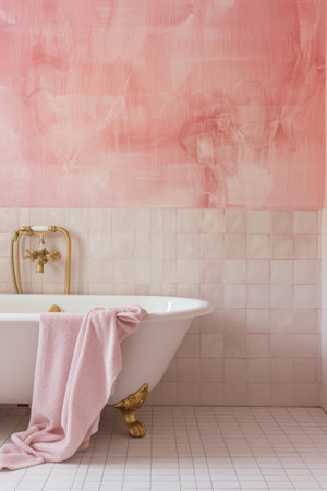 Pink Wall White Tiles Modern Bathtub Brass Details Bathroomの素材