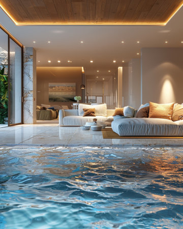 Living Room Pool Ocean View Interior Bright Indoor Outdoor Designの素材