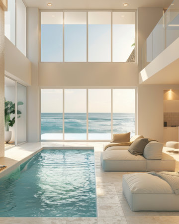 Living Room Pool Ocean View Interior Bright Indoor Outdoor Designの素材