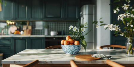 Marble Table Wood Base Green Tiles Blue Chairs Kitchenの素材