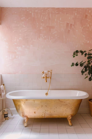 Pink Wall White Tiles Modern Bathtub Brass Details Bathroomの素材