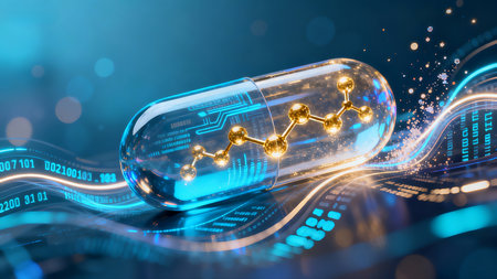 Cyberpunk Micro Tech Transparent Capsule Glowing Molecules AI Biopharmaceuticalの素材