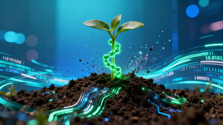 Cyberpunk Micro Tech Transparent Seed Glowing Molecules Data Stream AI Agricultureの素材