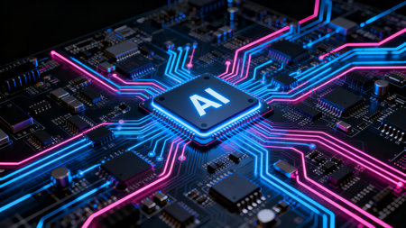 AI Chip Circuit Board Neon Blue Pink Glowing Lines Futuristic Cyberpunk Technologyの素材