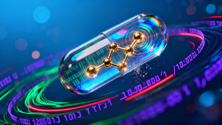 Cyberpunk Micro Tech Transparent Capsule Glowing Molecules AI Biopharmaceuticalの素材