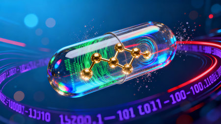 Cyberpunk Micro Tech Transparent Capsule Glowing Molecules AI Biopharmaceuticalの素材