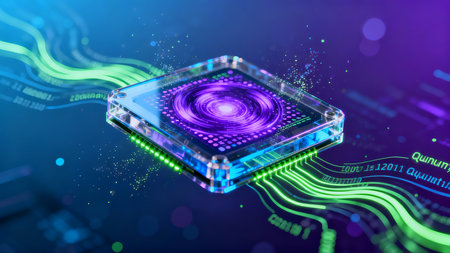 Quantum Chip Cyberpunk Glowing Qubits Computing Data Stream AI Quantum Technologyの素材