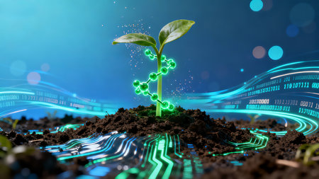 Cyberpunk Micro Tech Transparent Seed Glowing Molecules Data Stream AI Agricultureの素材