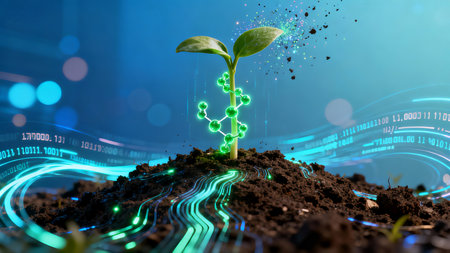 Cyberpunk Micro Tech Transparent Seed Glowing Molecules Data Stream AI Agricultureの素材