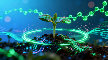 Cyberpunk Micro Tech Transparent Seed Glowing Molecules Data Stream AI Agricultureの素材