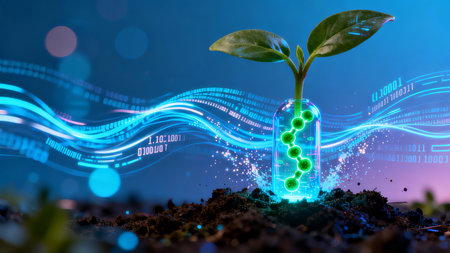 Cyberpunk Micro Tech Transparent Seed Glowing Molecules Data Stream AI Agricultureの素材