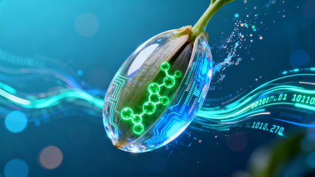 Cyberpunk Micro Tech Transparent Seed Glowing Molecules Data Stream AI Agricultureの素材