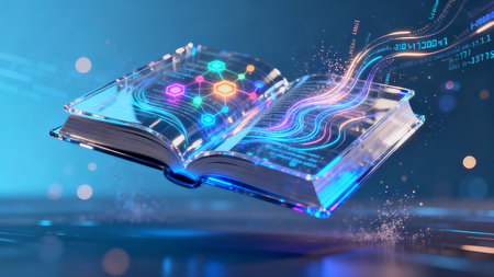Book Glowing Knowledge Nodes AI Digital Learning Educationの素材