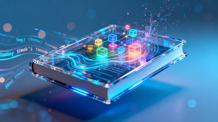 Book Glowing Knowledge Nodes AI Digital Learning Educationの素材