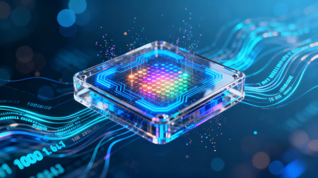 Quantum Chip Cyberpunk Glowing Qubits Computing Data Stream AI Quantum Technologyの素材