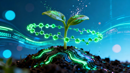 Cyberpunk Micro Tech Transparent Seed Glowing Molecules Data Stream AI Agricultureの素材