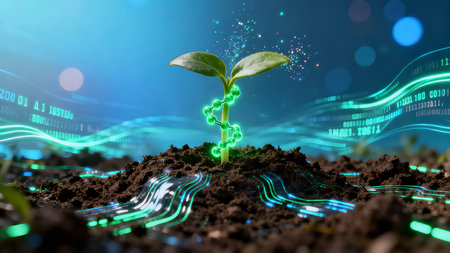 Cyberpunk Micro Tech Transparent Seed Glowing Molecules Data Stream AI Agricultureの素材