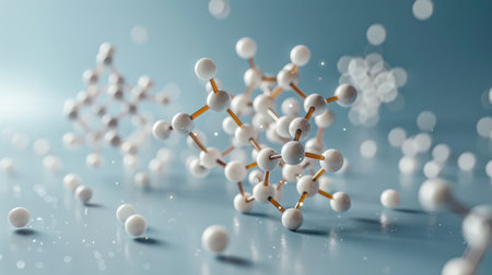 Pentagonal Molecule Light Blue Background gel spheres representing skincare ingredients like coenzyme Q10 and hyaluronic acid, with a clean, abstract background for dermatology and beauty applicationsの素材