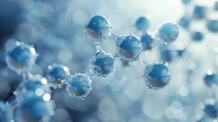 Pentagonal Molecule Light Blue Background gel spheres representing skincare ingredients like coenzyme Q10 and hyaluronic acid, with a clean, abstract background for dermatology and beauty applicationsの素材