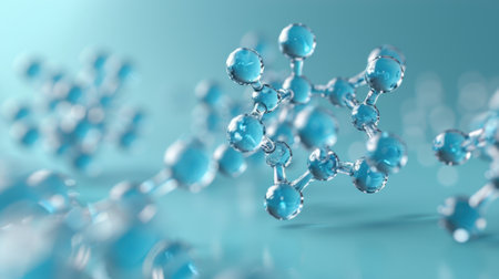 Pentagonal Molecule Light Blue Background gel spheres representing skincare ingredients like coenzyme Q10 and hyaluronic acid, with a clean, abstract background for dermatology and beauty applicationsの素材