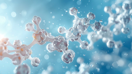 Pentagonal Molecule Light Blue Background gel spheres representing skincare ingredients like coenzyme Q10 and hyaluronic acid, with a clean, abstract background for dermatology and beauty applicationsの素材