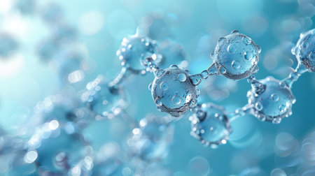 Pentagonal Molecule Light Blue Background gel spheres representing skincare ingredients like coenzyme Q10 and hyaluronic acid, with a clean, abstract background for dermatology and beauty applicationsの素材