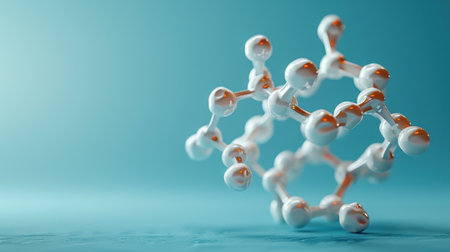 Pentagonal Molecule Light Blue Background gel spheres representing skincare ingredients like coenzyme Q10 and hyaluronic acid, with a clean, abstract background for dermatology and beauty applicationsの素材