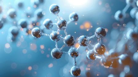 Pentagonal Molecule Light Blue Background gel spheres representing skincare ingredients like coenzyme Q10 and hyaluronic acid, with a clean, abstract background for dermatology and beauty applicationsの素材