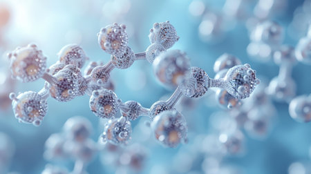 Pentagonal Molecule Light Blue Background gel spheres representing skincare ingredients like coenzyme Q10 and hyaluronic acid, with a clean, abstract background for dermatology and beauty applicationsの素材