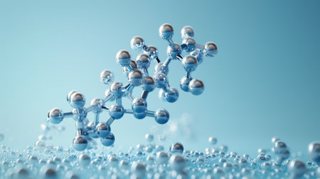 Pentagonal Molecule Light Blue Background gel spheres representing skincare ingredients like coenzyme Q10 and hyaluronic acid, with a clean, abstract background for dermatology and beauty applicationsの素材