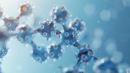 Pentagonal Molecule Light Blue Background gel spheres representing skincare ingredients like coenzyme Q10 and hyaluronic acid, with a clean, abstract background for dermatology and beauty applicationsの素材