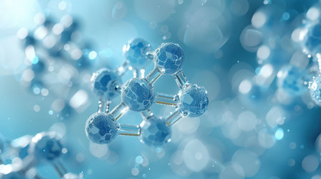 Pentagonal Molecule Light Blue Background gel spheres representing skincare ingredients like coenzyme Q10 and hyaluronic acid, with a clean, abstract background for dermatology and beauty applicationsの素材