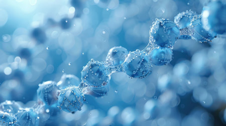 Pentagonal Molecule Light Blue Background gel spheres representing skincare ingredients like coenzyme Q10 and hyaluronic acid, with a clean, abstract background for dermatology and beauty applicationsの素材