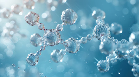 Pentagonal Molecule Light Blue Background gel spheres representing skincare ingredients like coenzyme Q10 and hyaluronic acid, with a clean, abstract background for dermatology and beauty applicationsの素材