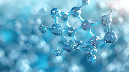 Pentagonal Molecule Light Blue Background gel spheres representing skincare ingredients like coenzyme Q10 and hyaluronic acid, with a clean, abstract background for dermatology and beauty applicationsの素材