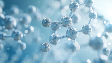 Pentagonal Molecule Light Blue Background gel spheres representing skincare ingredients like coenzyme Q10 and hyaluronic acid, with a clean, abstract background for dermatology and beauty applicationsの素材