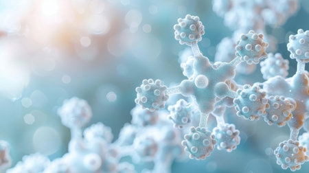 Pentagonal Molecule Light Blue Background gel spheres representing skincare ingredients like coenzyme Q10 and hyaluronic acid, with a clean, abstract background for dermatology and beauty applicationsの素材