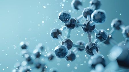 Pentagonal Molecule Light Blue Background gel spheres representing skincare ingredients like coenzyme Q10 and hyaluronic acid, with a clean, abstract background for dermatology and beauty applicationsの素材