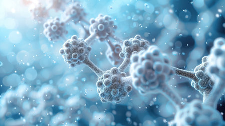 Pentagonal Molecule Light Blue Background gel spheres representing skincare ingredients like coenzyme Q10 and hyaluronic acid, with a clean, abstract background for dermatology and beauty applicationsの素材