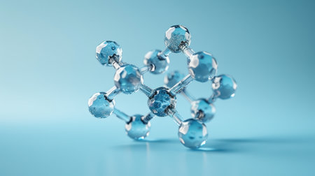 Pentagonal Molecule Light Blue Background gel spheres representing skincare ingredients like coenzyme Q10 and hyaluronic acid, with a clean, abstract background for dermatology and beauty applicationsの素材