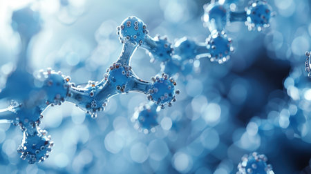 Pentagonal Molecule Light Blue Background gel spheres representing skincare ingredients like coenzyme Q10 and hyaluronic acid, with a clean, abstract background for dermatology and beauty applicationsの素材